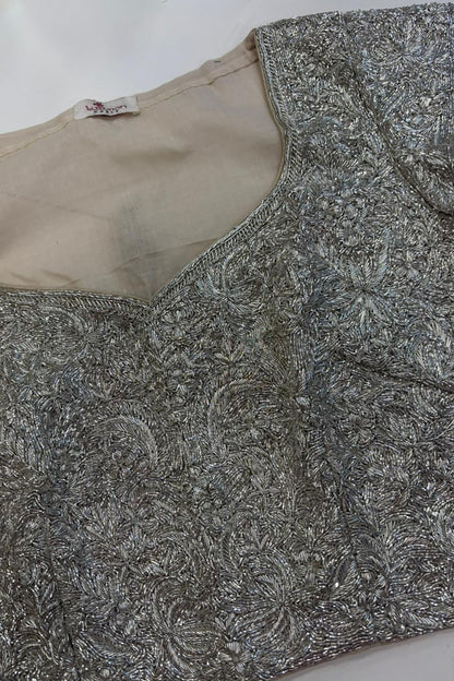 Silver Hand Embroidered Dabka And Sequins Work Blouse - Luxurion World