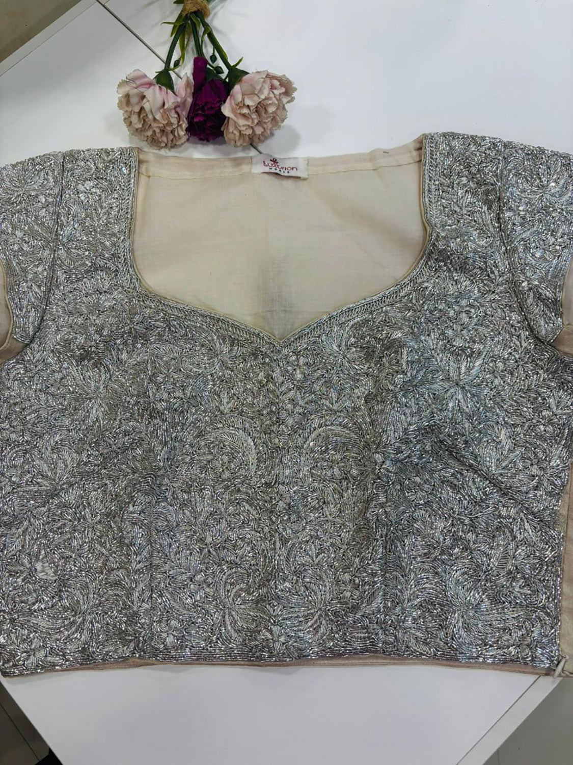 Silver Hand Embroidered Dabka And Sequins Work Blouse - Luxurion World