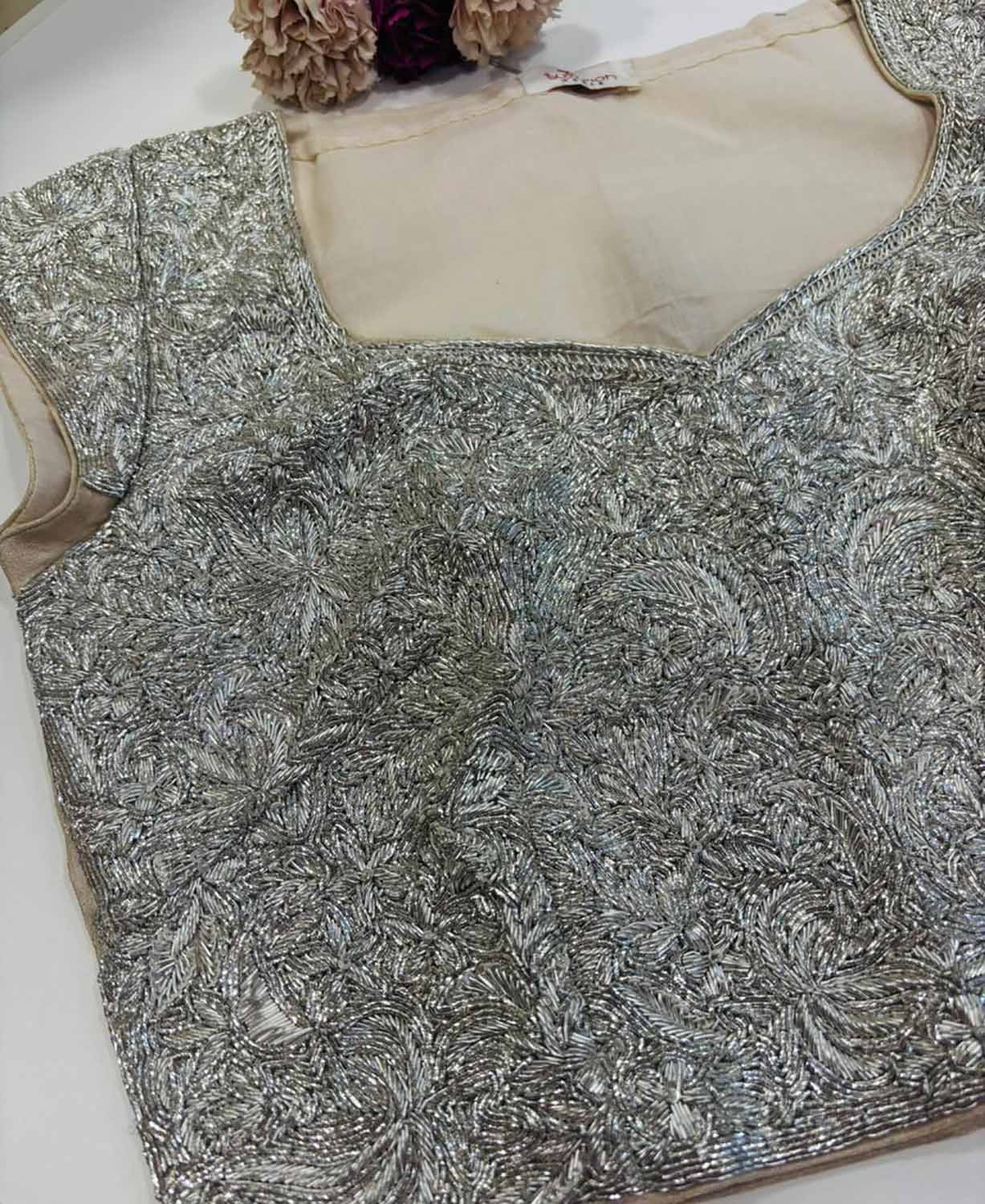 Silver Hand Embroidered Dabka And Sequins Work Blouse - Luxurion World