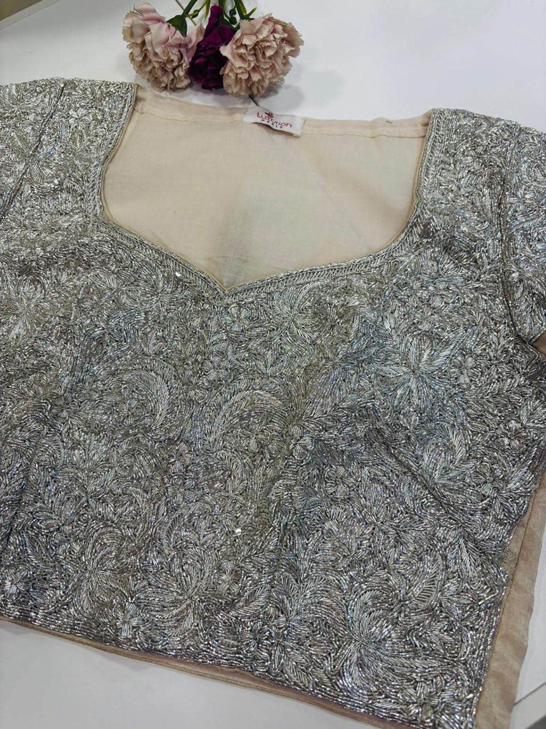 Silver Hand Embroidered Dabka And Sequins Work Blouse - Luxurion World