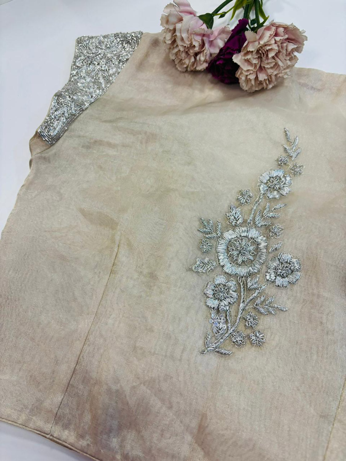 Silver Hand Embroidered Dabka And Sequins Work Blouse - Luxurion World