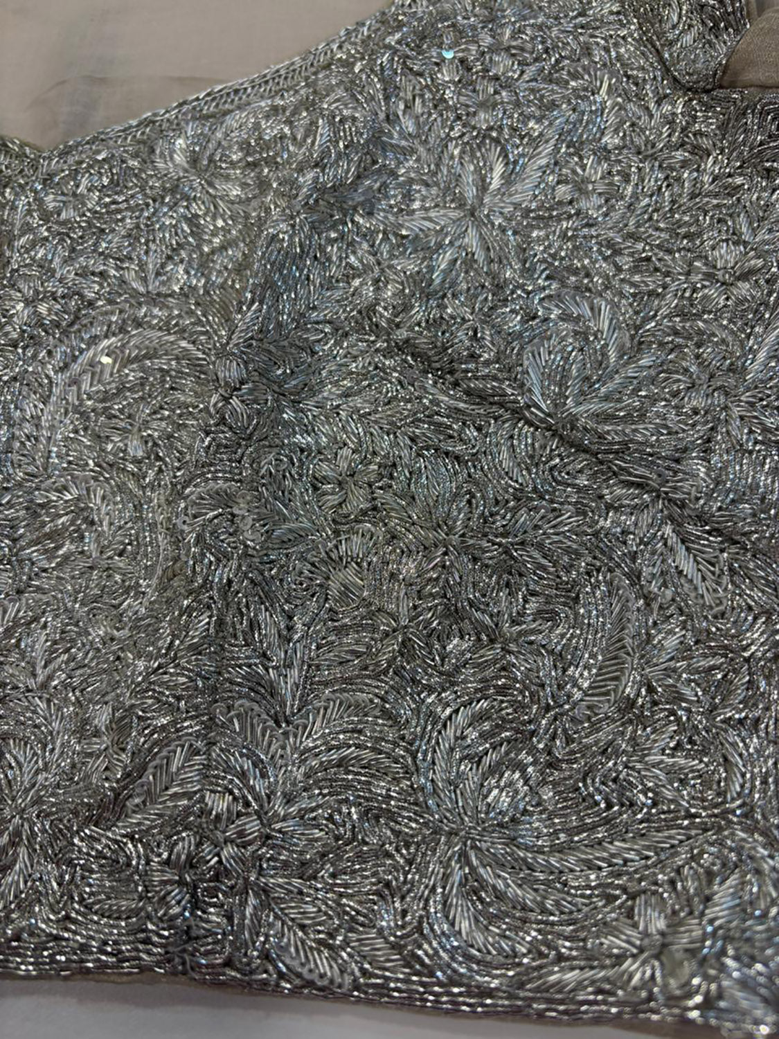 Silver Hand Embroidered Dabka And Sequins Work Blouse - Luxurion World