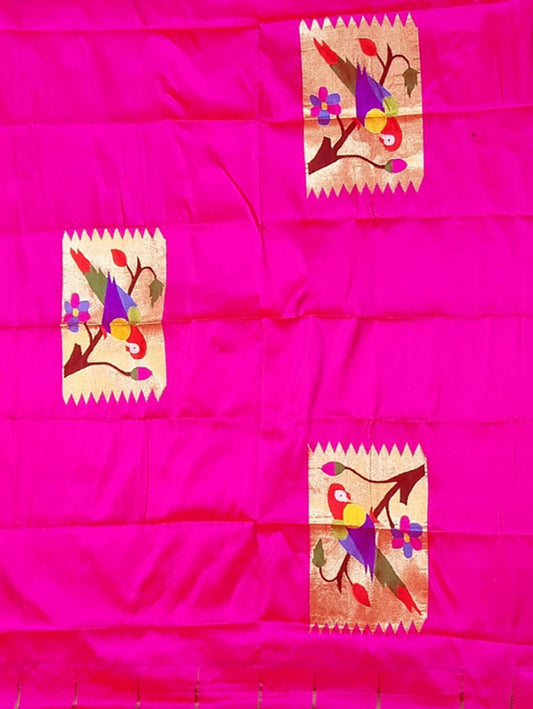 Pink Handloom Paithani Pure Silk Blouse Piece Fabric( 1 Mtr ) - Luxurion World