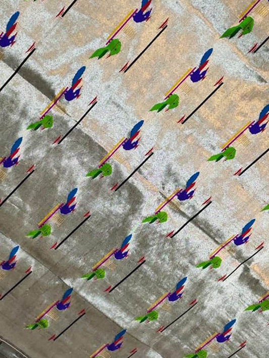 Silver Handloom Paithani Pure Silk Blouse Piece Fabric( 1 Mtr ) - Luxurion World