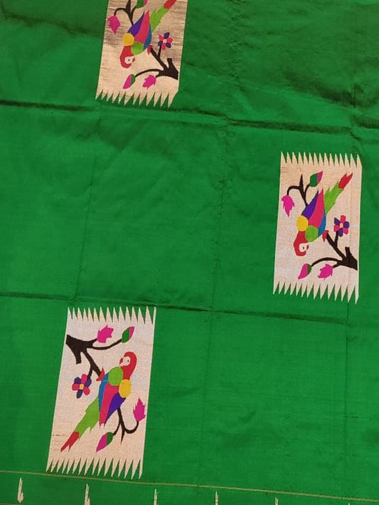 Green Handloom Paithani Pure Silk Blouse Piece Fabric( 1 Mtr )