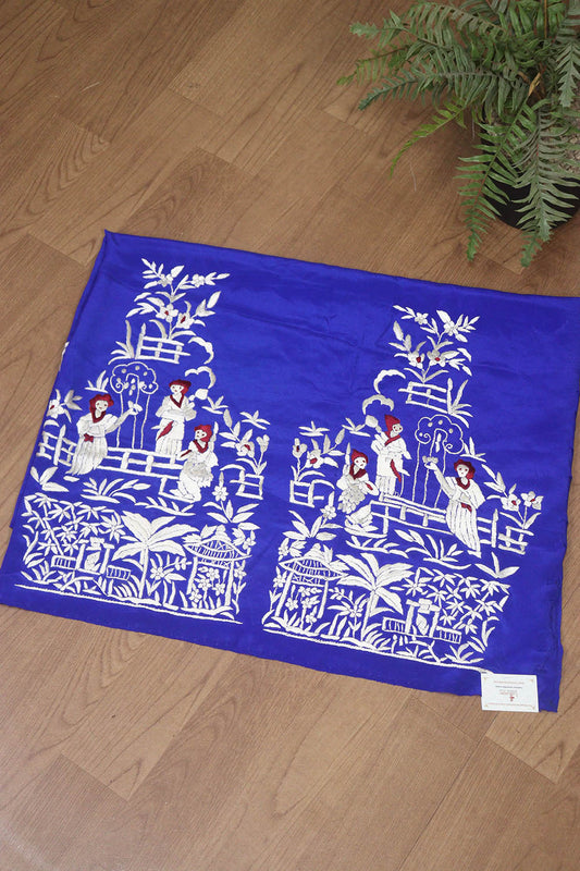 Blue Hand Embroidered Parsi Crepe Blouse Piece Fabric - Luxurion World