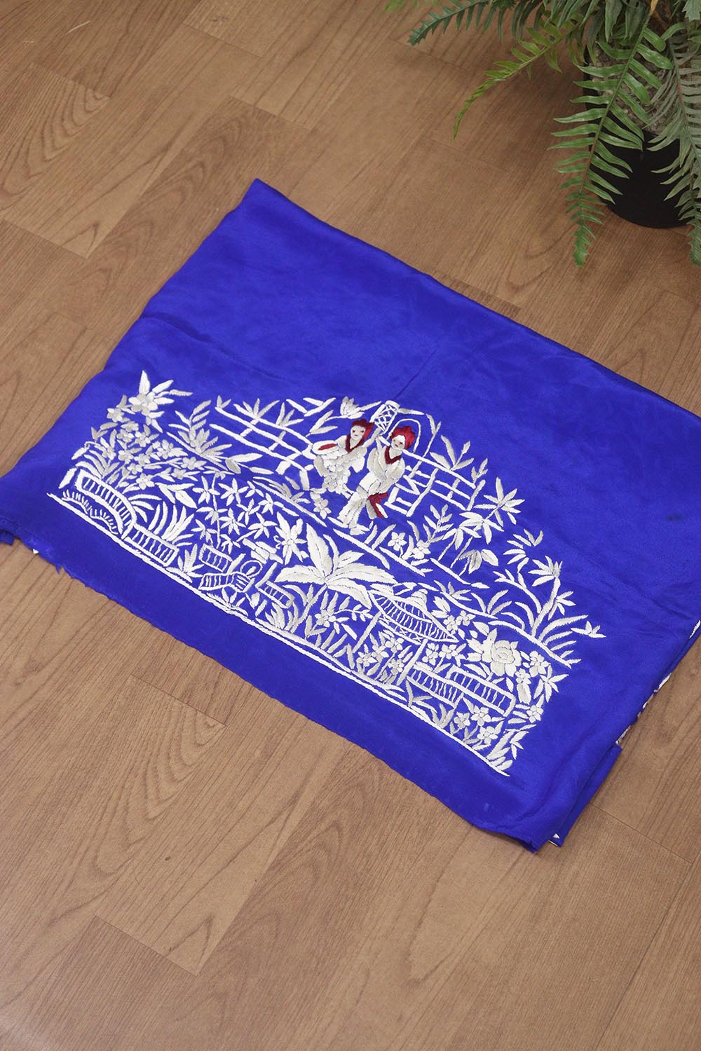 Blue Hand Embroidered Parsi Crepe Blouse Piece Fabric - Luxurion World