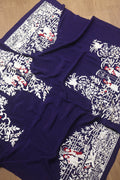 Blue Hand Embroidered Parsi Crepe Blouse Piece Fabric - Luxurion World