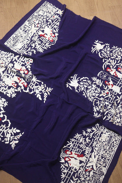 Blue Hand Embroidered Parsi Crepe Blouse Piece Fabric - Luxurion World