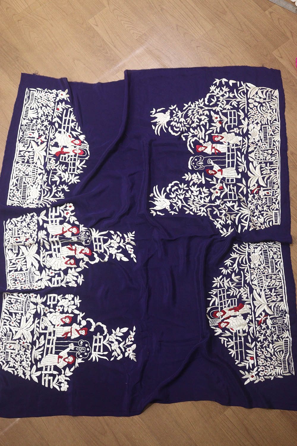 Blue Hand Embroidered Parsi Crepe Blouse Piece Fabric - Luxurion World