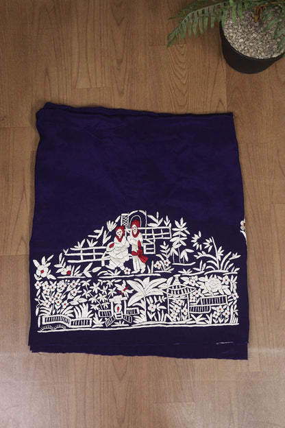 Blue Hand Embroidered Parsi Crepe Blouse Piece Fabric - Luxurion World