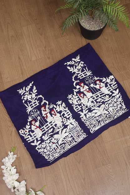 Blue Hand Embroidered Parsi Crepe Blouse Piece Fabric - Luxurion World