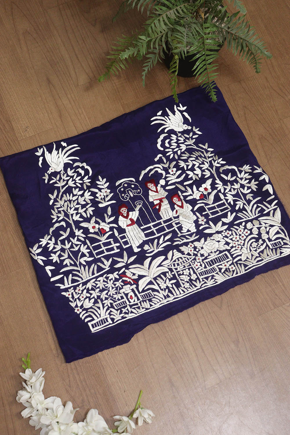 Blue Hand Embroidered Parsi Crepe Blouse Piece Fabric - Luxurion World