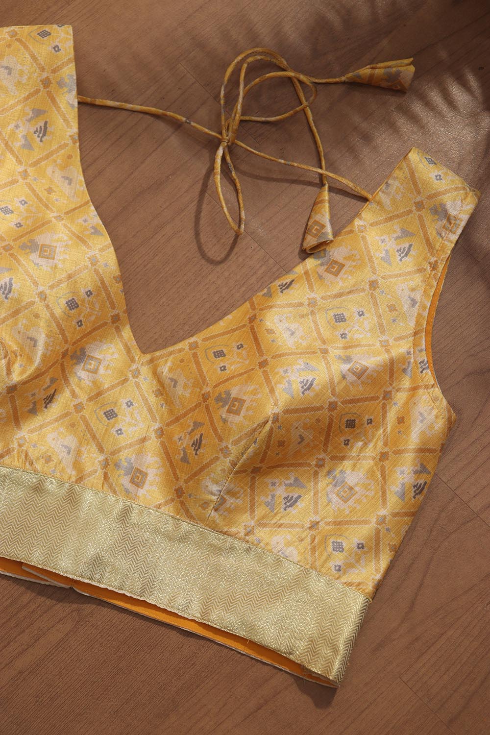 Yellow Digital Printed V Neck Patola Design Tussar Silk Blouse - Luxurion World