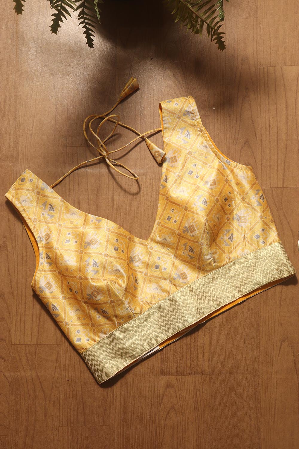 Yellow Digital Printed V Neck Patola Design Tussar Silk Blouse - Luxurion World