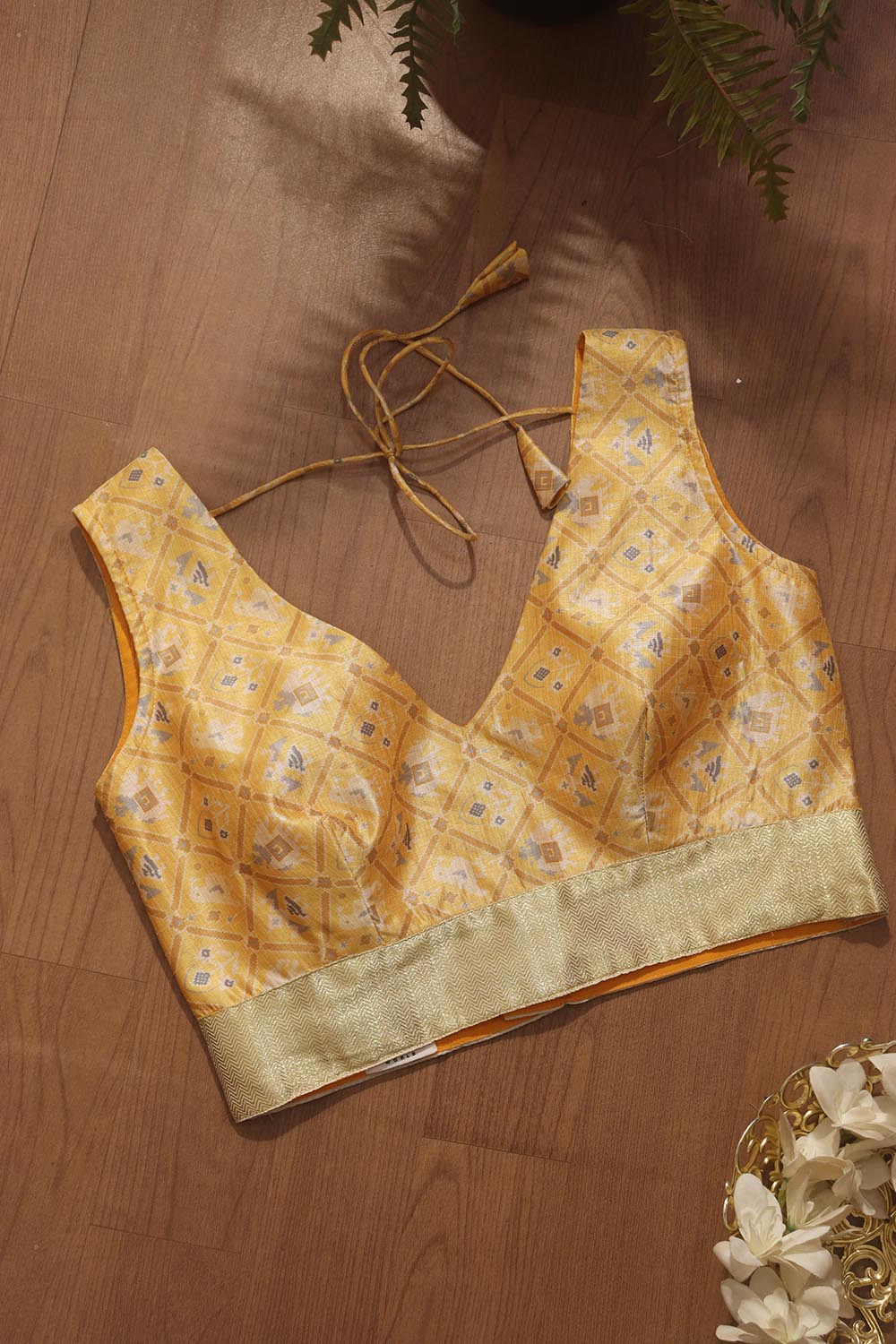 Yellow Digital Printed V Neck Patola Design Tussar Silk Blouse - Luxurion World