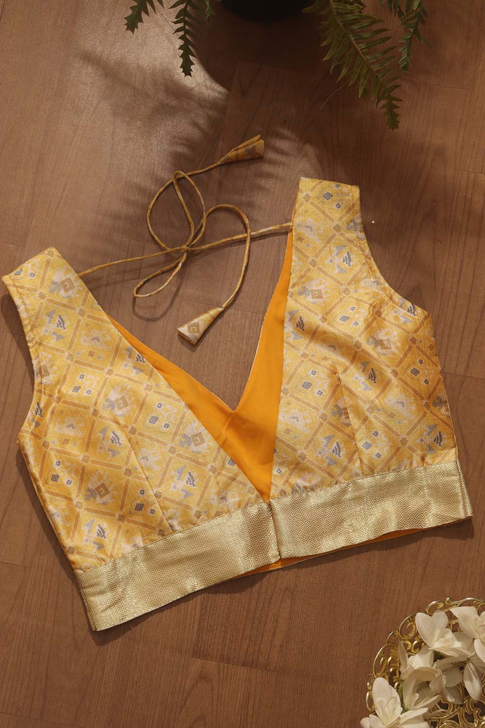 Yellow Digital Printed V Neck Patola Design Tussar Silk Blouse - Luxurion World