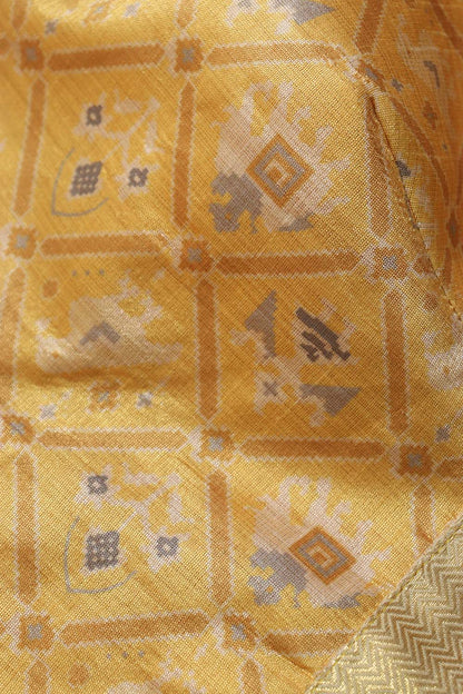 Yellow Digital Printed V Neck Patola Design Tussar Silk Blouse - Luxurion World