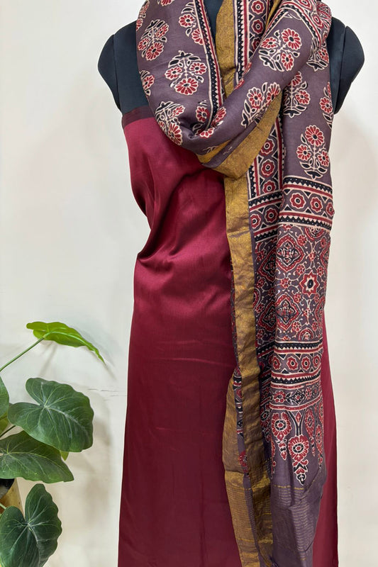 Maroon Ajrakh Block Printed Chanderi Silk Tissue Border Dupatta - Luxurion World