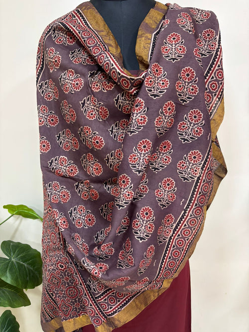 Maroon Ajrakh Block Printed Chanderi Silk Tissue Border Dupatta - Luxurion World
