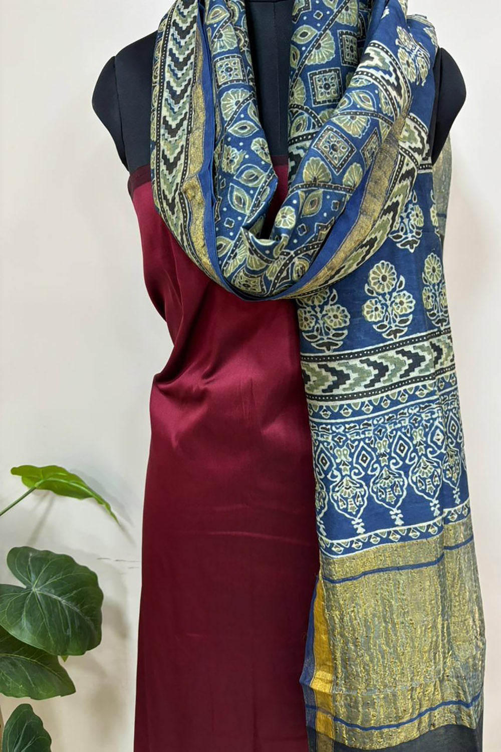 Blue Ajrakh Block Printed Chanderi Silk Tissue Border Dupatta - Luxurion World