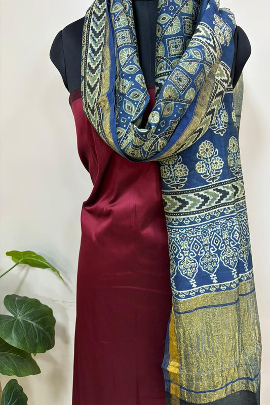 Blue Ajrakh Block Printed Chanderi Silk Tissue Border Dupatta - Luxurion World