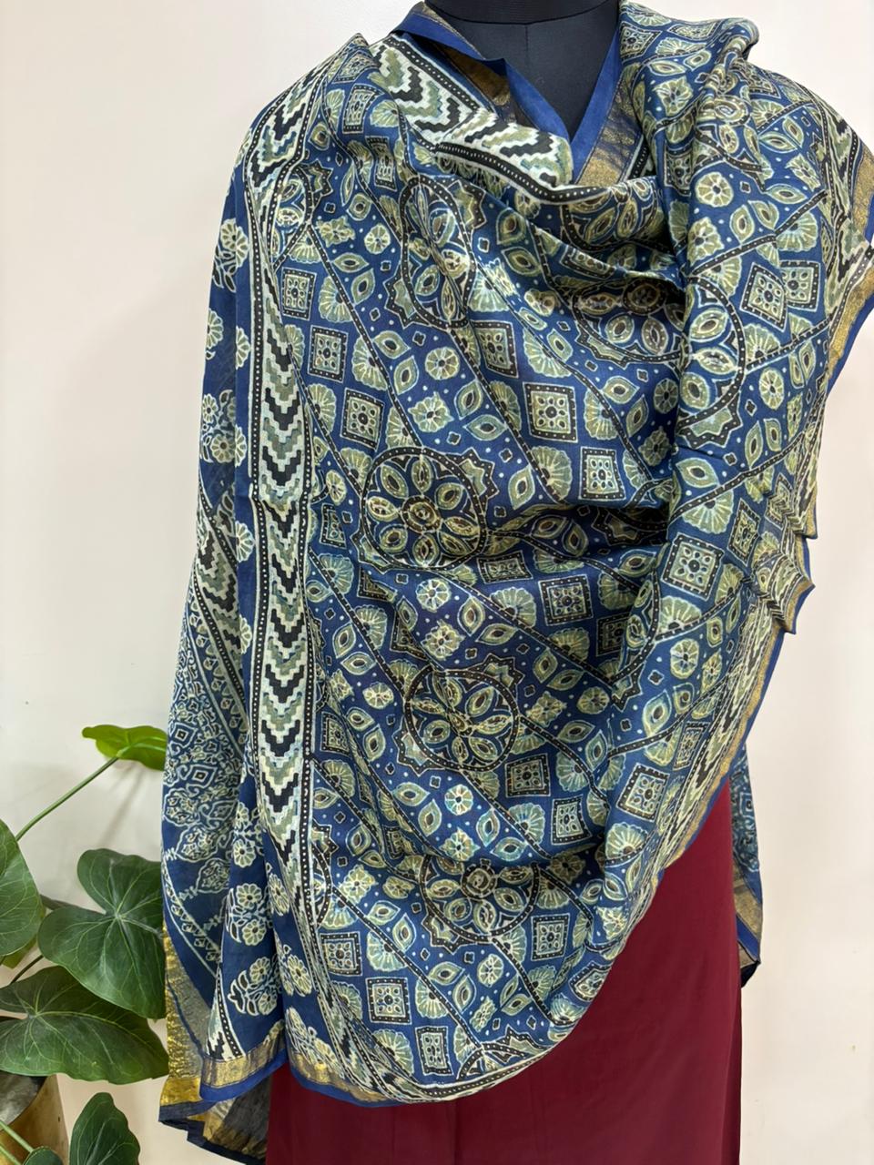 Blue Ajrakh Block Printed Chanderi Silk Tissue Border Dupatta - Luxurion World