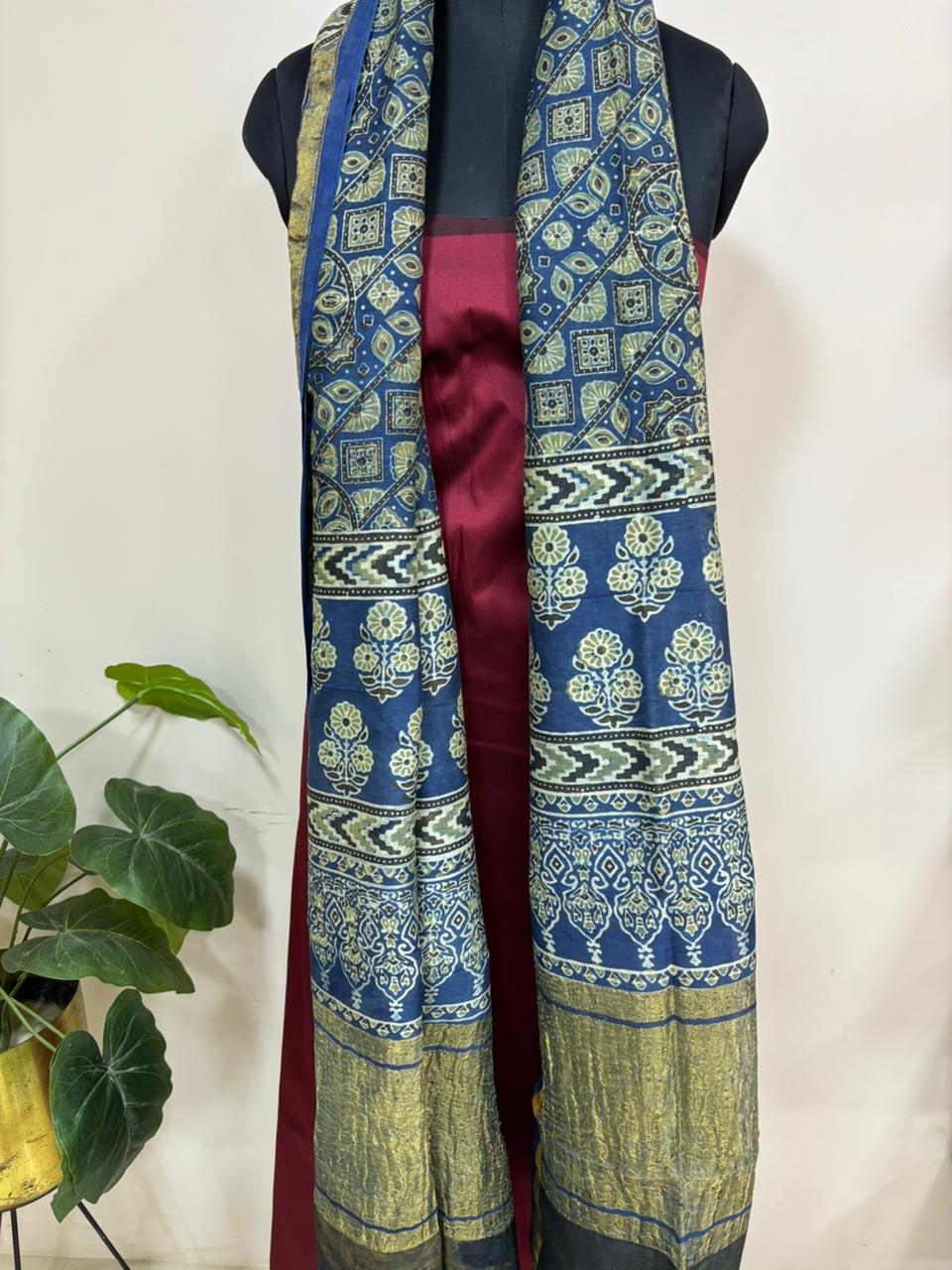 Blue Ajrakh Block Printed Chanderi Silk Tissue Border Dupatta - Luxurion World