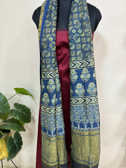 Blue Ajrakh Block Printed Chanderi Silk Tissue Border Dupatta - Luxurion World