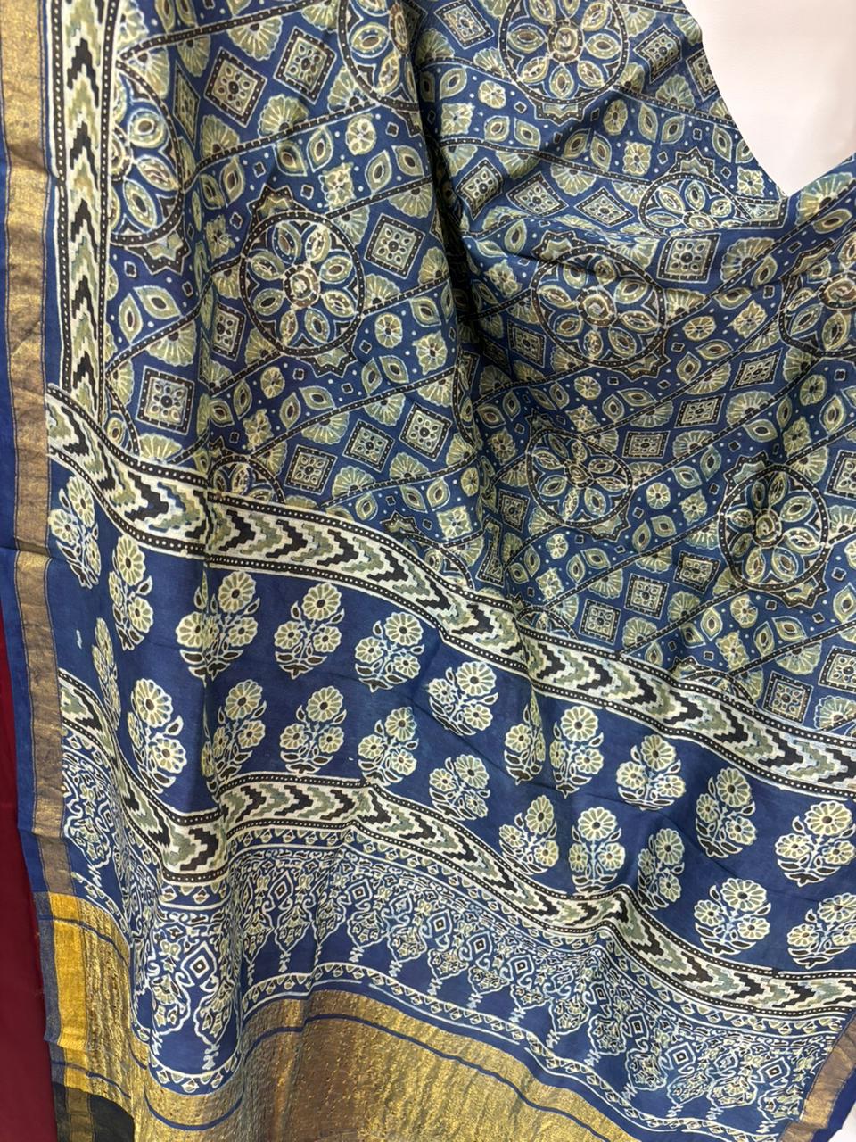 Blue Ajrakh Block Printed Chanderi Silk Tissue Border Dupatta - Luxurion World