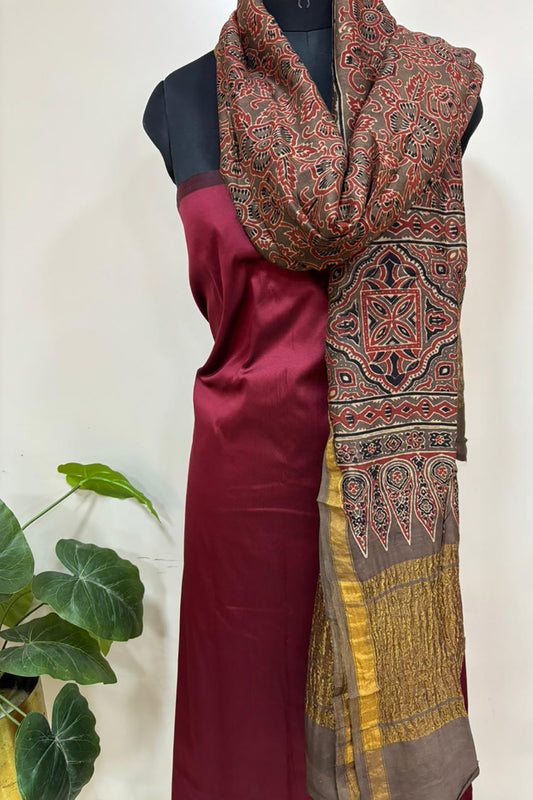 Brown Ajrakh Block Printed Chanderi Silk Tissue Border Dupatta - Luxurion World