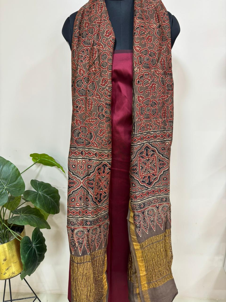 Brown Ajrakh Block Printed Chanderi Silk Tissue Border Dupatta - Luxurion World