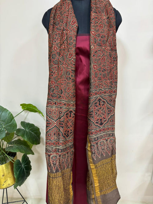 Brown Ajrakh Block Printed Chanderi Silk Tissue Border Dupatta - Luxurion World