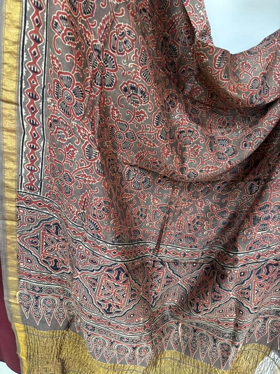 Brown Ajrakh Block Printed Chanderi Silk Tissue Border Dupatta - Luxurion World