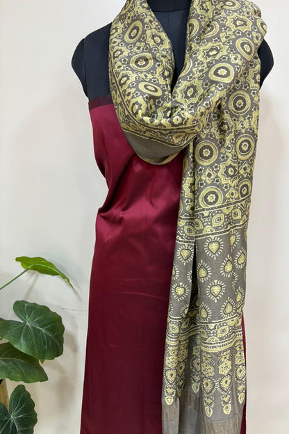 Yellow Ajrakh Block Printed Chanderi Silk Tissue Border Dupatta - Luxurion World
