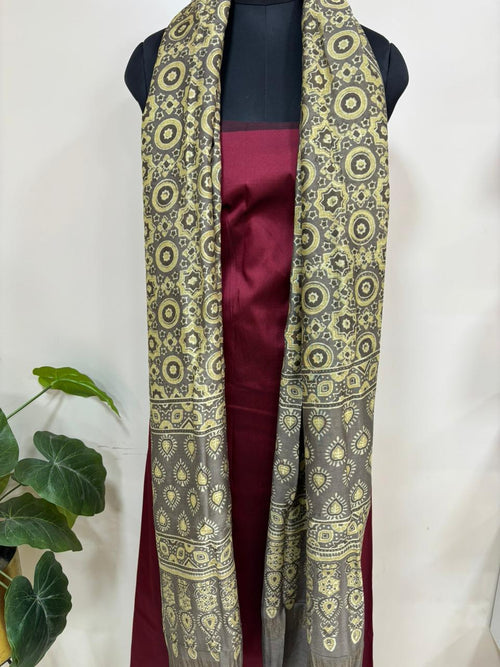 Yellow Ajrakh Block Printed Chanderi Silk Tissue Border Dupatta - Luxurion World