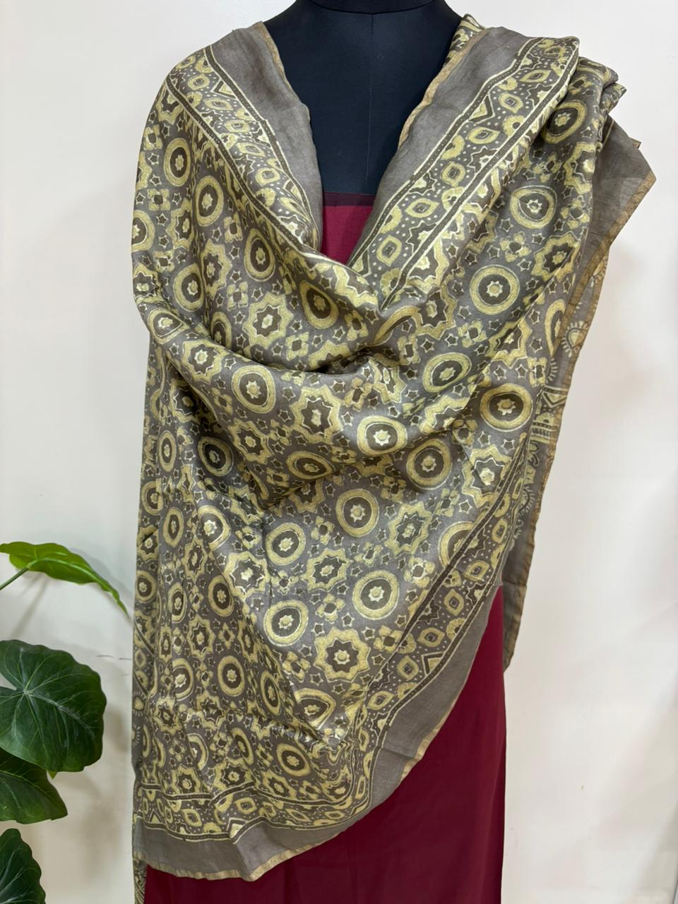 Yellow Ajrakh Block Printed Chanderi Silk Tissue Border Dupatta - Luxurion World