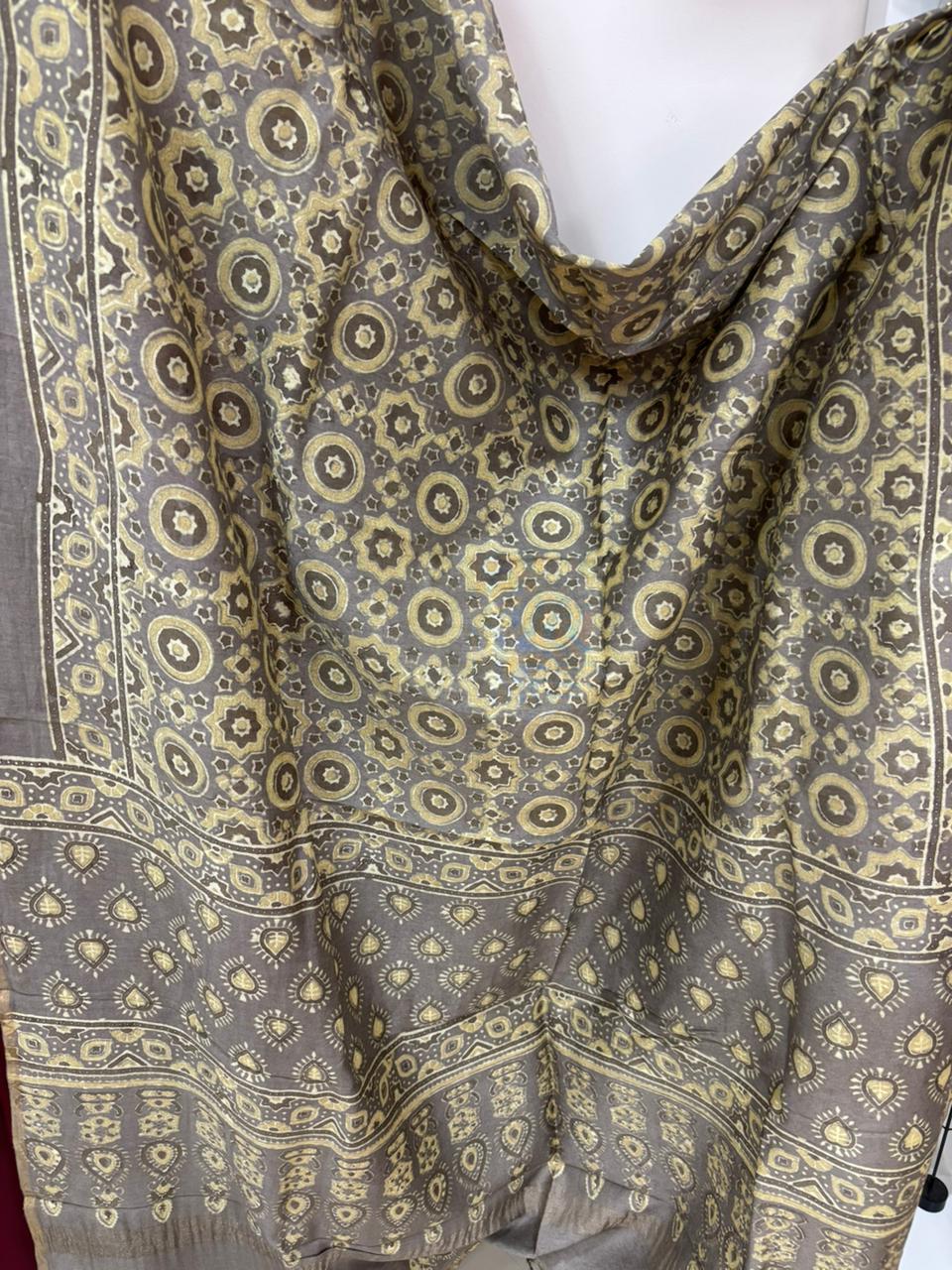 Yellow Ajrakh Block Printed Chanderi Silk Tissue Border Dupatta - Luxurion World