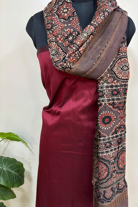 Beautiful Brown Ajrakh Block Printed Chanderi Silk Tissue Border Dupatta - Luxurion World