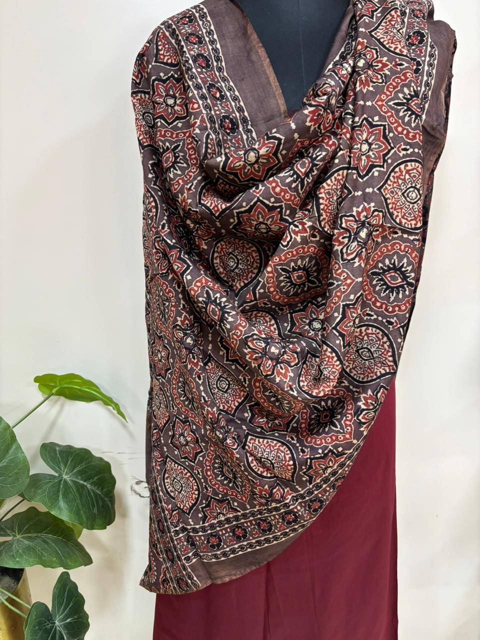 Beautiful Brown Ajrakh Block Printed Chanderi Silk Tissue Border Dupatta - Luxurion World