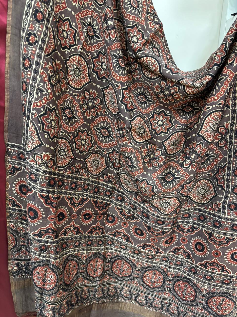 Beautiful Brown Ajrakh Block Printed Chanderi Silk Tissue Border Dupatta - Luxurion World