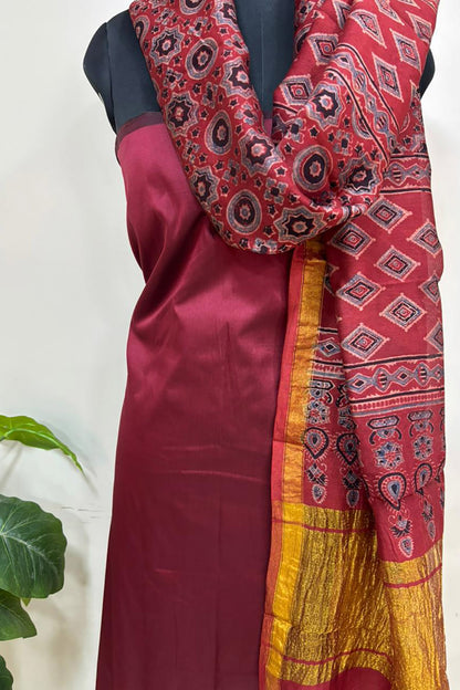 Red Ajrakh Block Printed Chanderi Silk Tissue Border Dupatta - Luxurion World
