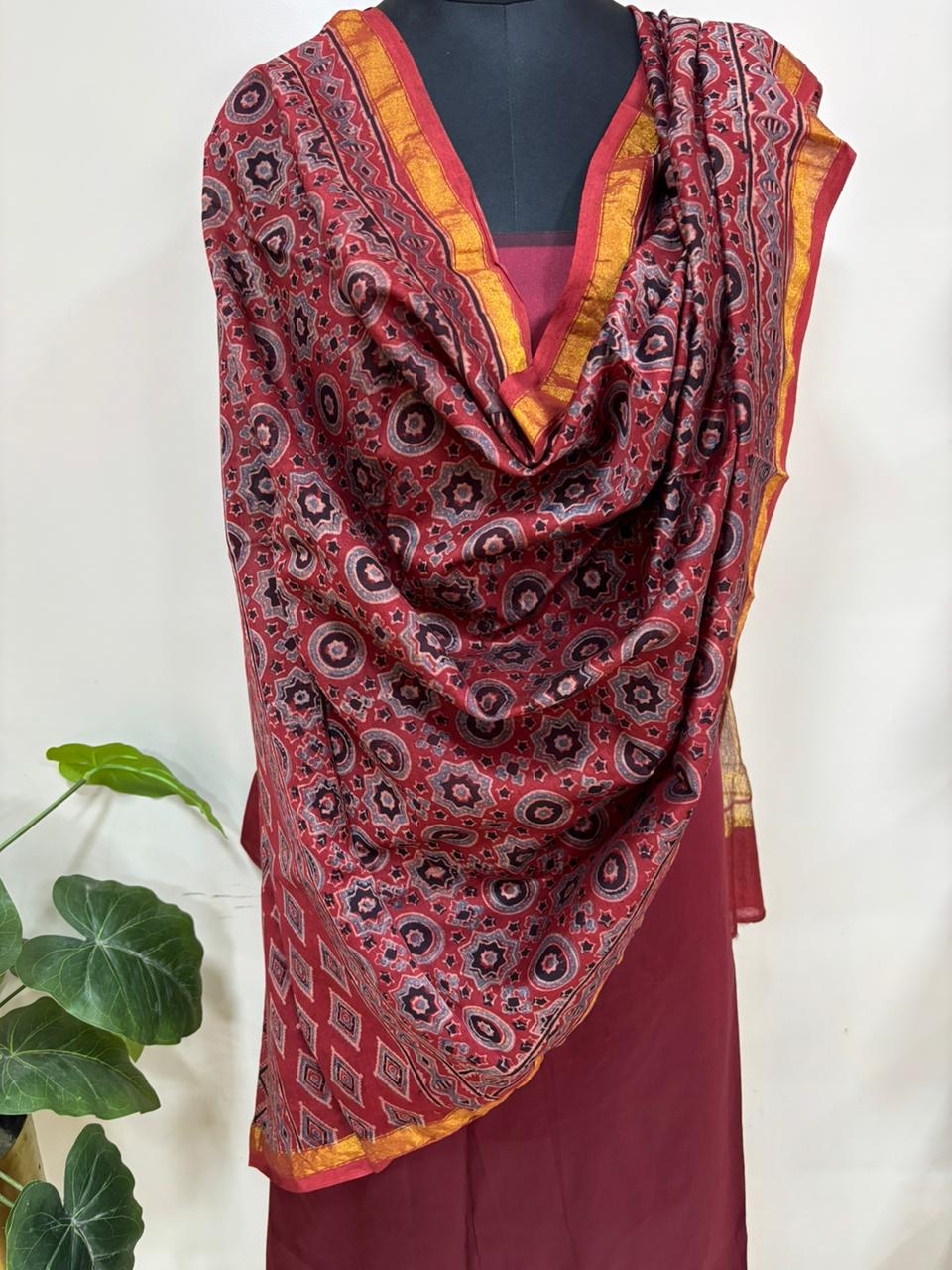 Red Ajrakh Block Printed Chanderi Silk Tissue Border Dupatta - Luxurion World
