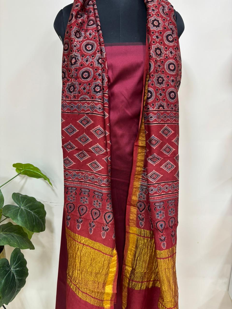 Red Ajrakh Block Printed Chanderi Silk Tissue Border Dupatta - Luxurion World