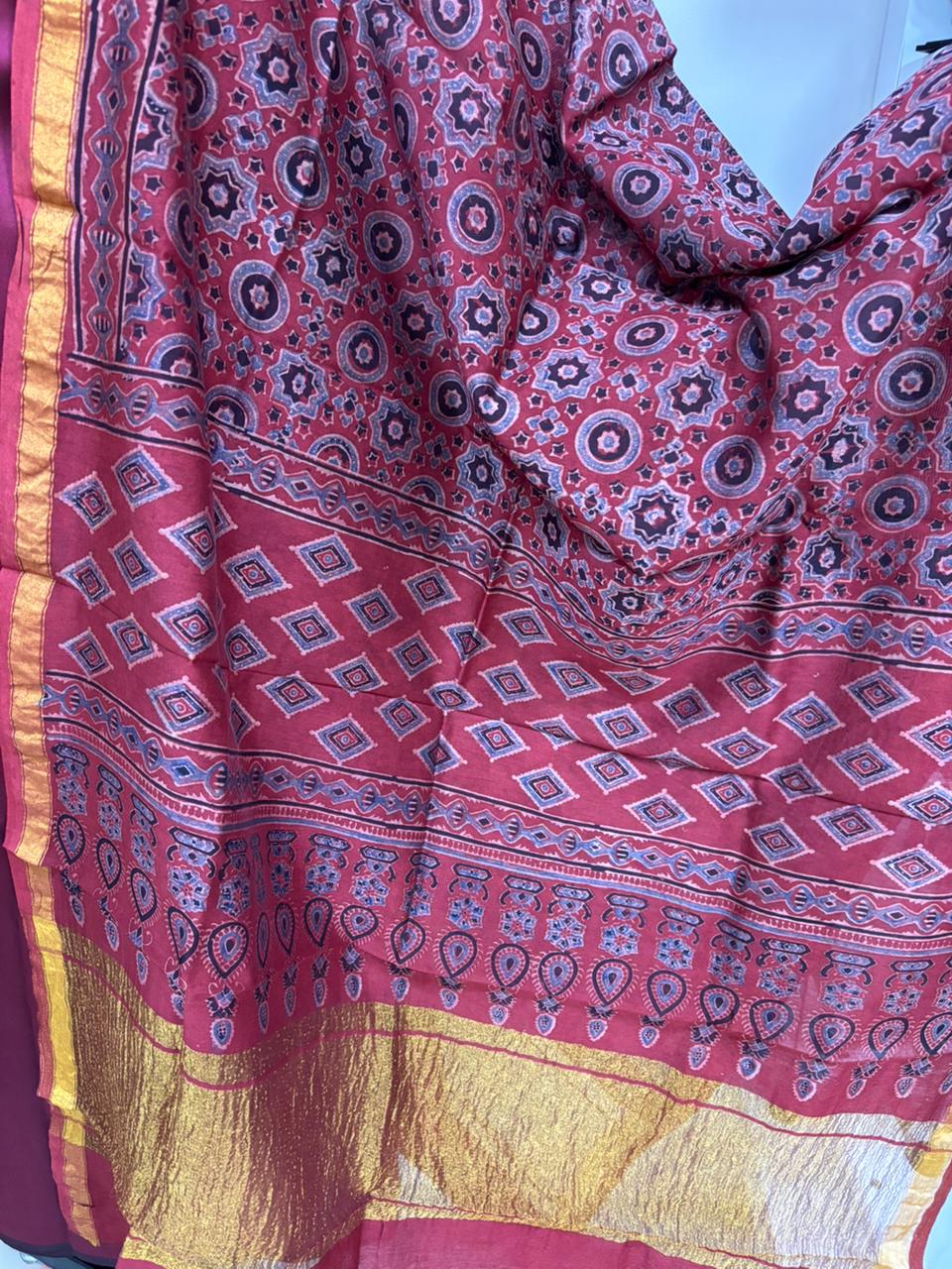 Red Ajrakh Block Printed Chanderi Silk Tissue Border Dupatta - Luxurion World