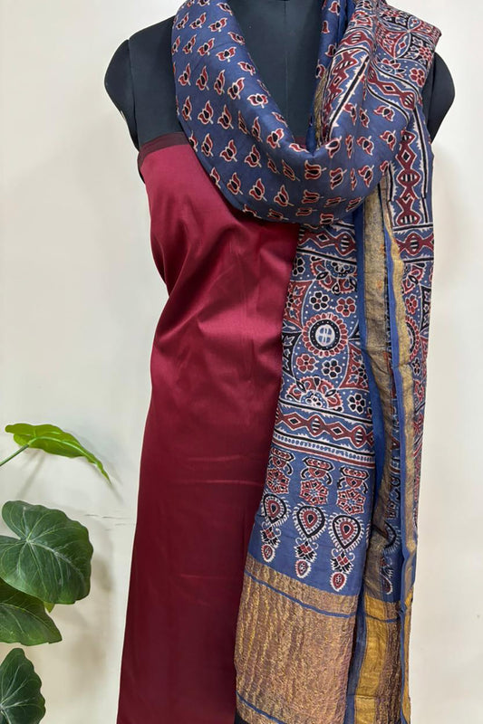 Blue Ajrakh Block Printed Chanderi Silk Tissue Border Dupatta - Luxurion World