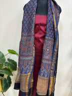Blue Ajrakh Block Printed Chanderi Silk Tissue Border Dupatta - Luxurion World
