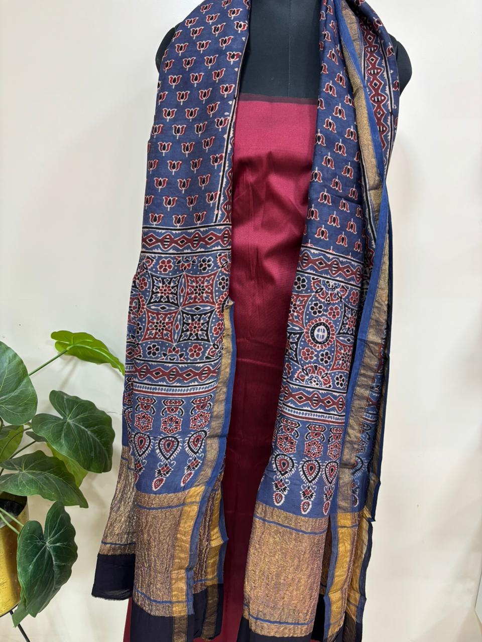 Blue Ajrakh Block Printed Chanderi Silk Tissue Border Dupatta - Luxurion World