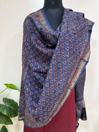 Blue Ajrakh Block Printed Chanderi Silk Tissue Border Dupatta - Luxurion World