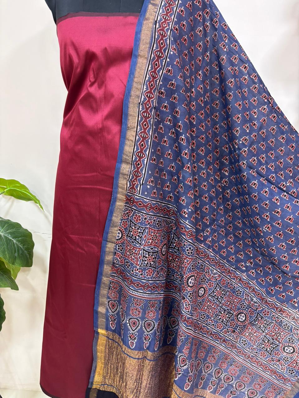 Blue Ajrakh Block Printed Chanderi Silk Tissue Border Dupatta - Luxurion World